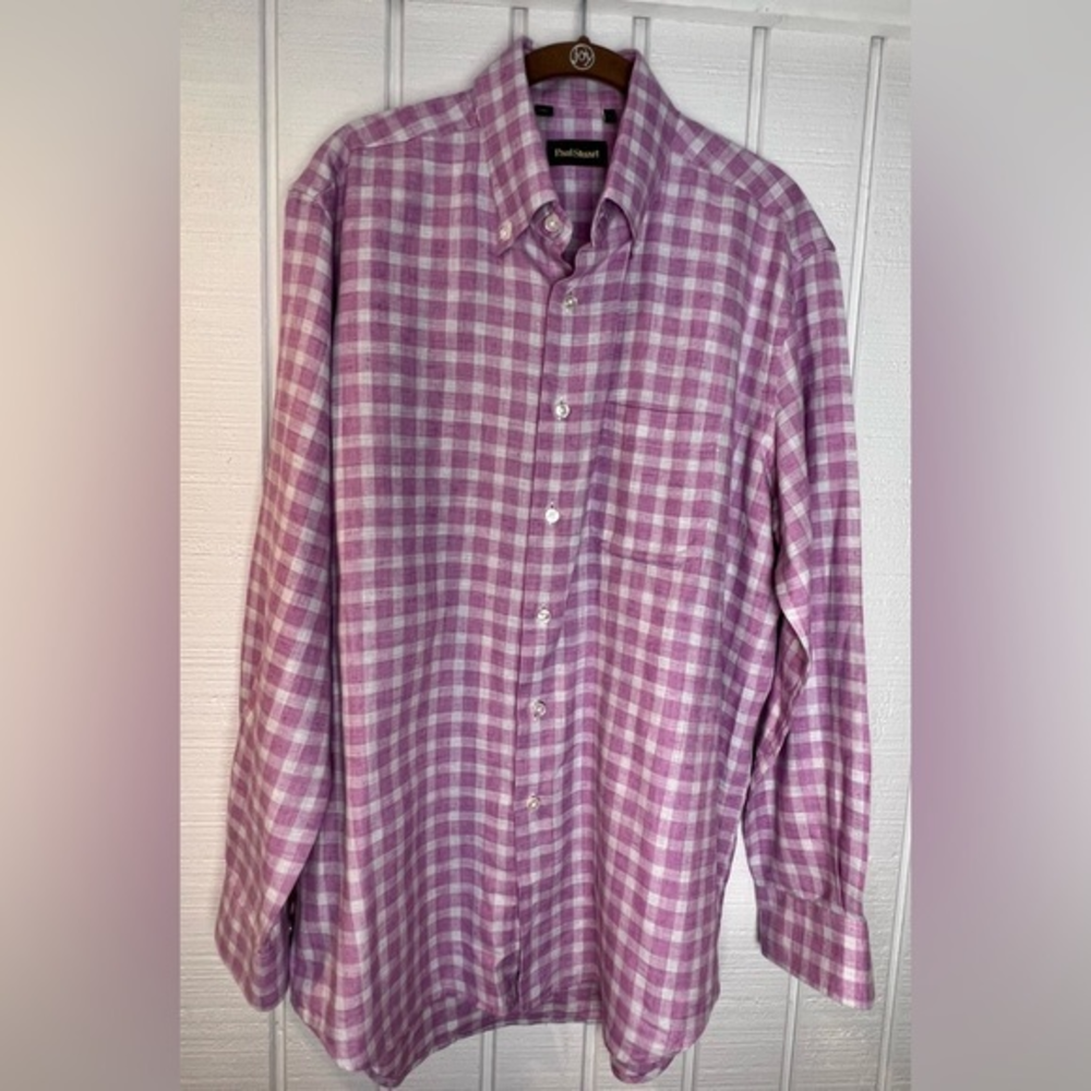 Paul Stuart button Down Shirt Long Sleeve purple Plaid Size large Made In Italy‎